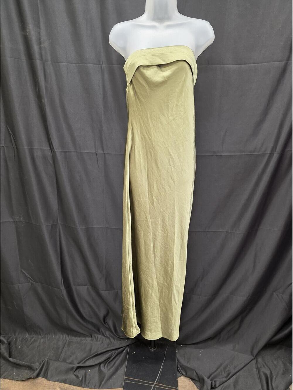 Realtix Women’s Strapless Backless Maxi Dress Satin Look Olive M